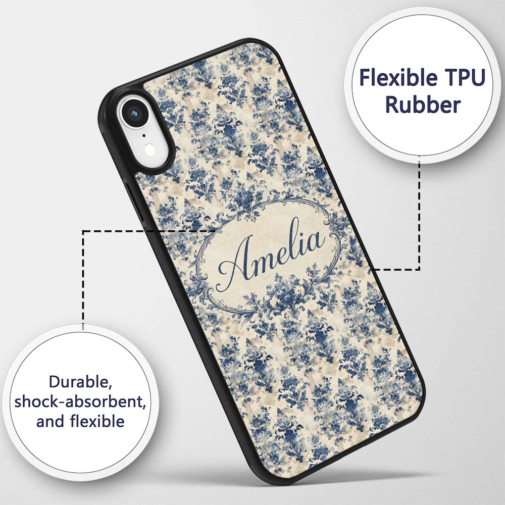 Elegant Blue Vintage Floral Damask on Textured Custom Name Protective Phone Case Mobile Cover Durable Everyday Smartphone Shock Resistant