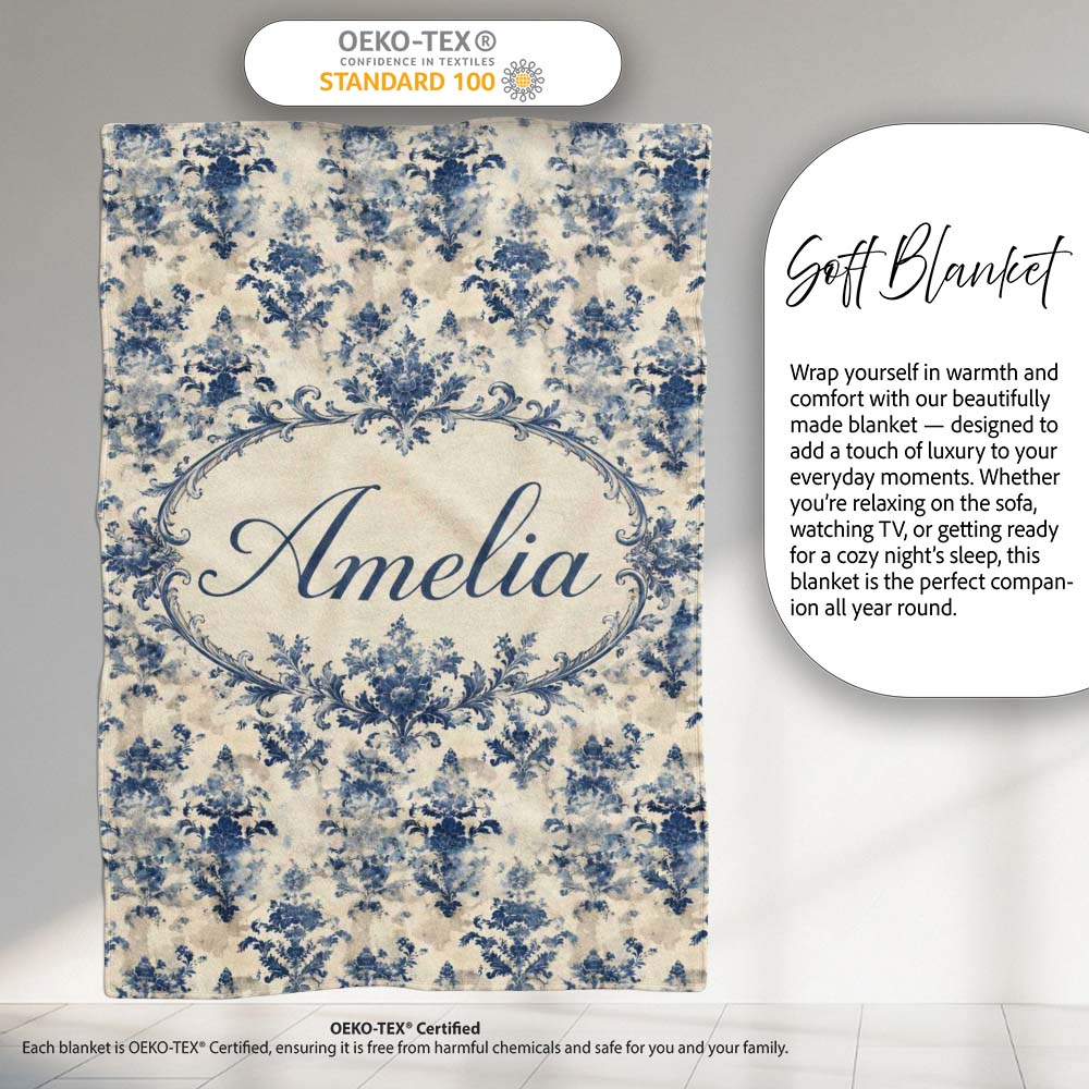 Elegant Blue Vintage Floral Damask on Textured Neutral Background Personalised Custom Name Super Soft Fleece Blanket Bed Sofa Throw