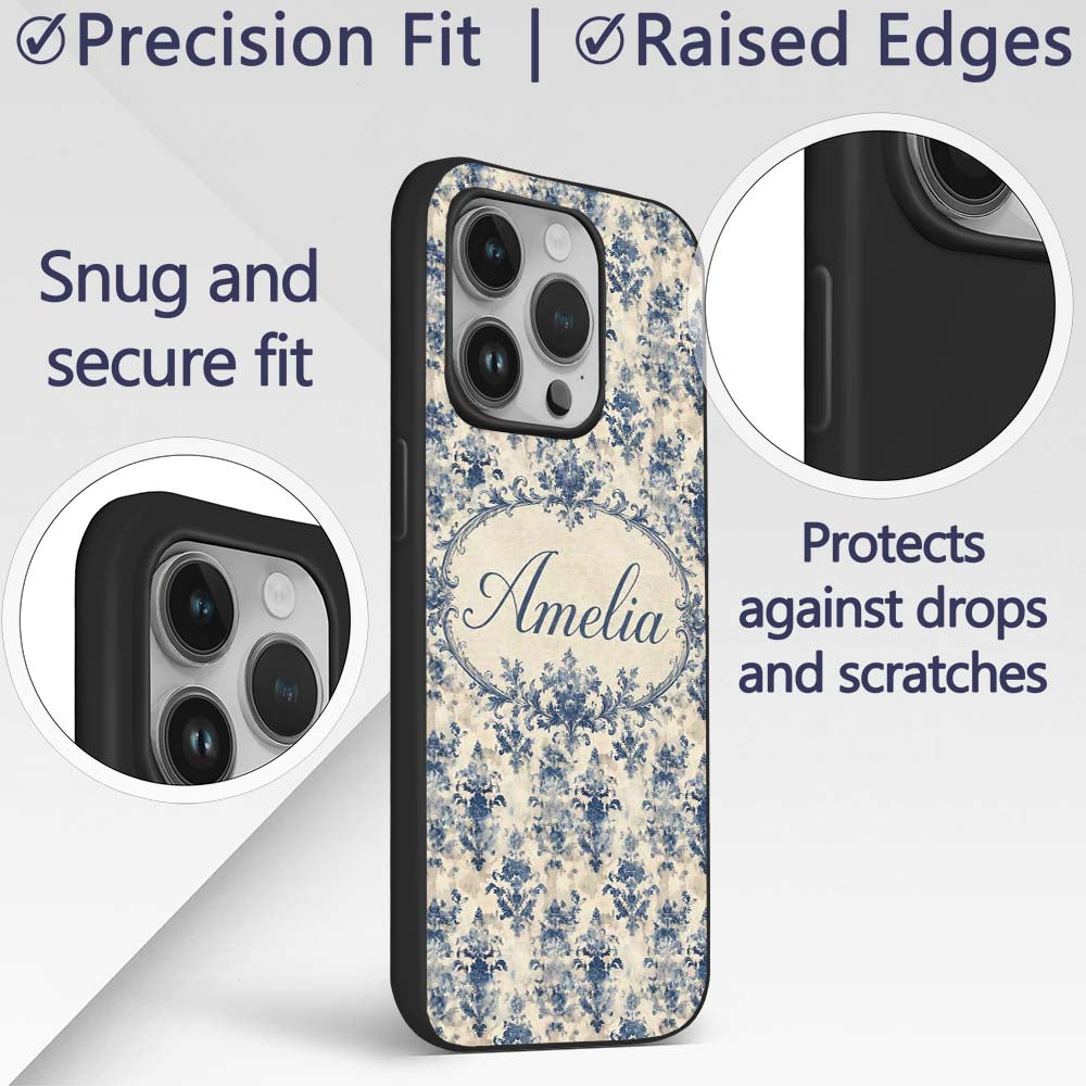 Elegant Blue Vintage Floral Damask on Textured Custom Name Protective Phone Case Mobile Cover Durable Everyday Smartphone Shock Resistant