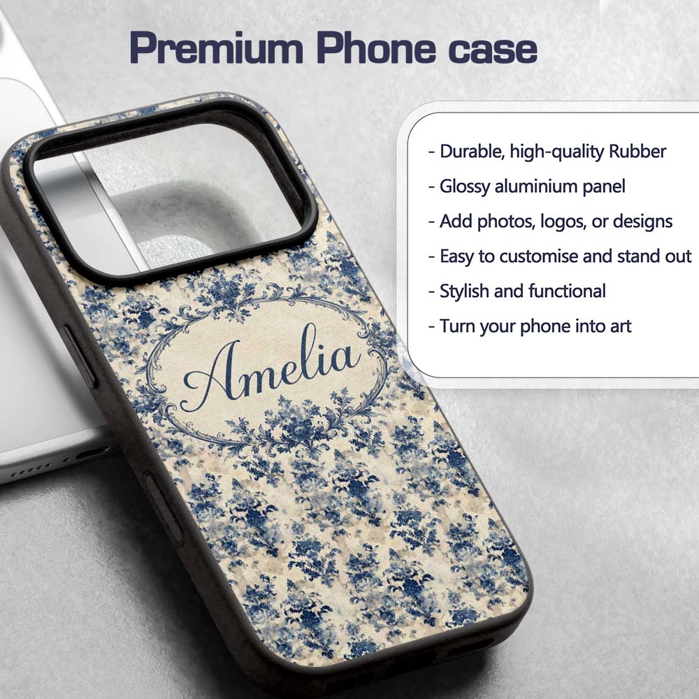Elegant Blue Vintage Floral Damask on Textured Custom Name Protective Phone Case Mobile Cover Durable Everyday Smartphone Shock Resistant