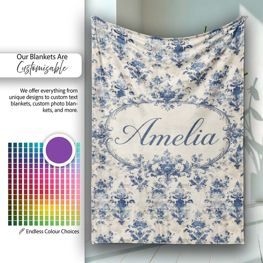 Elegant Blue Vintage Floral Damask on Textured Neutral Background Personalised Custom Name Super Soft Fleece Blanket Bed Sofa Throw