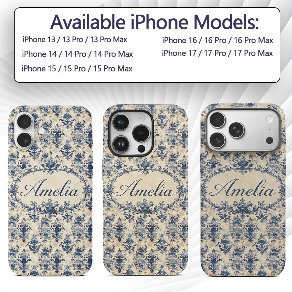 Elegant Blue Vintage Floral Damask on Textured Custom Name Protective Phone Case Mobile Cover Durable Everyday Smartphone Shock Resistant