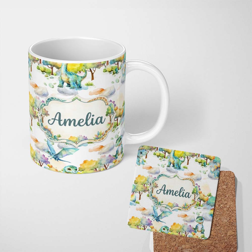 Personalized Custom Name Watercolor Cute Baby Dinosaur Forest Seamless Pattern Lovely 11oz Ceramic Coffee Tea Mug White Large Handle