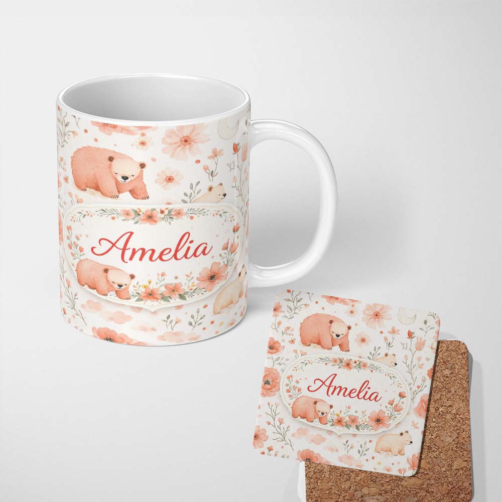 Personalized Custom Name Cute Bear Floral Woodland Nursery Pattern Seamless Watercolour 11oz Ceramic Coffee Tea Mug White Large Handle