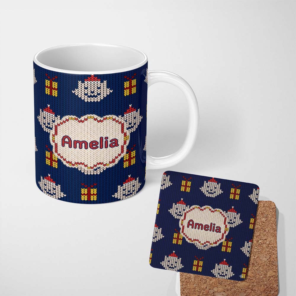 Personalized Custom Name Blue Knitted Christmas Ornament Gift Seamless Pattern Lovely 11oz Ceramic Coffee Tea Mug White Large Handle