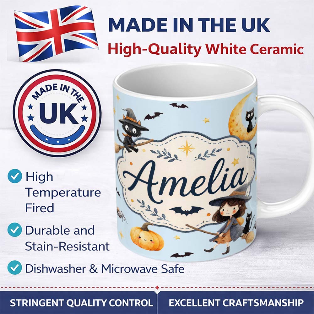 Personalized Custom Name Halloween Witch Cats Moon Stars Spooky Night Blue Seamless Pattern 11oz Ceramic Coffee Tea Mug White Large Handle