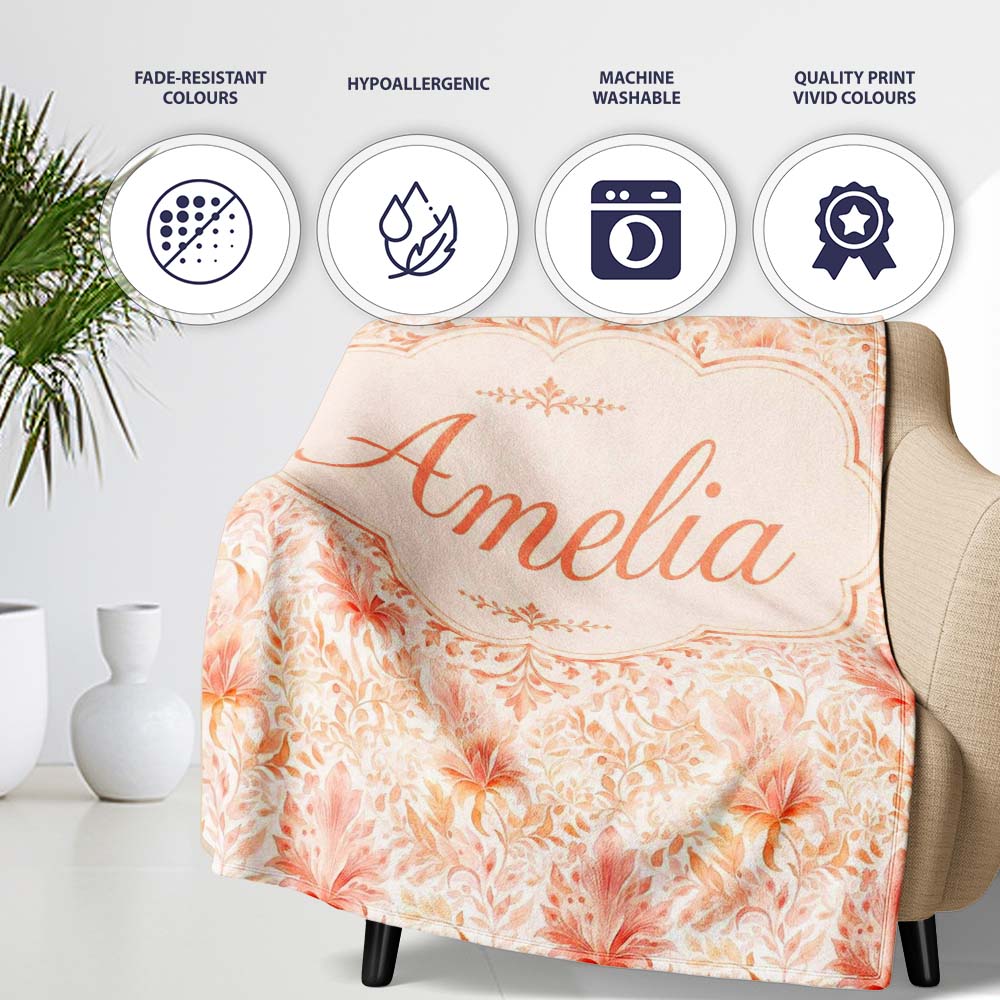Elegant Floral Botanical with Soft Peach Blossoms and Delicate Personalised Custom Name Super Soft Fleece Blanket Bed Sofa Throw