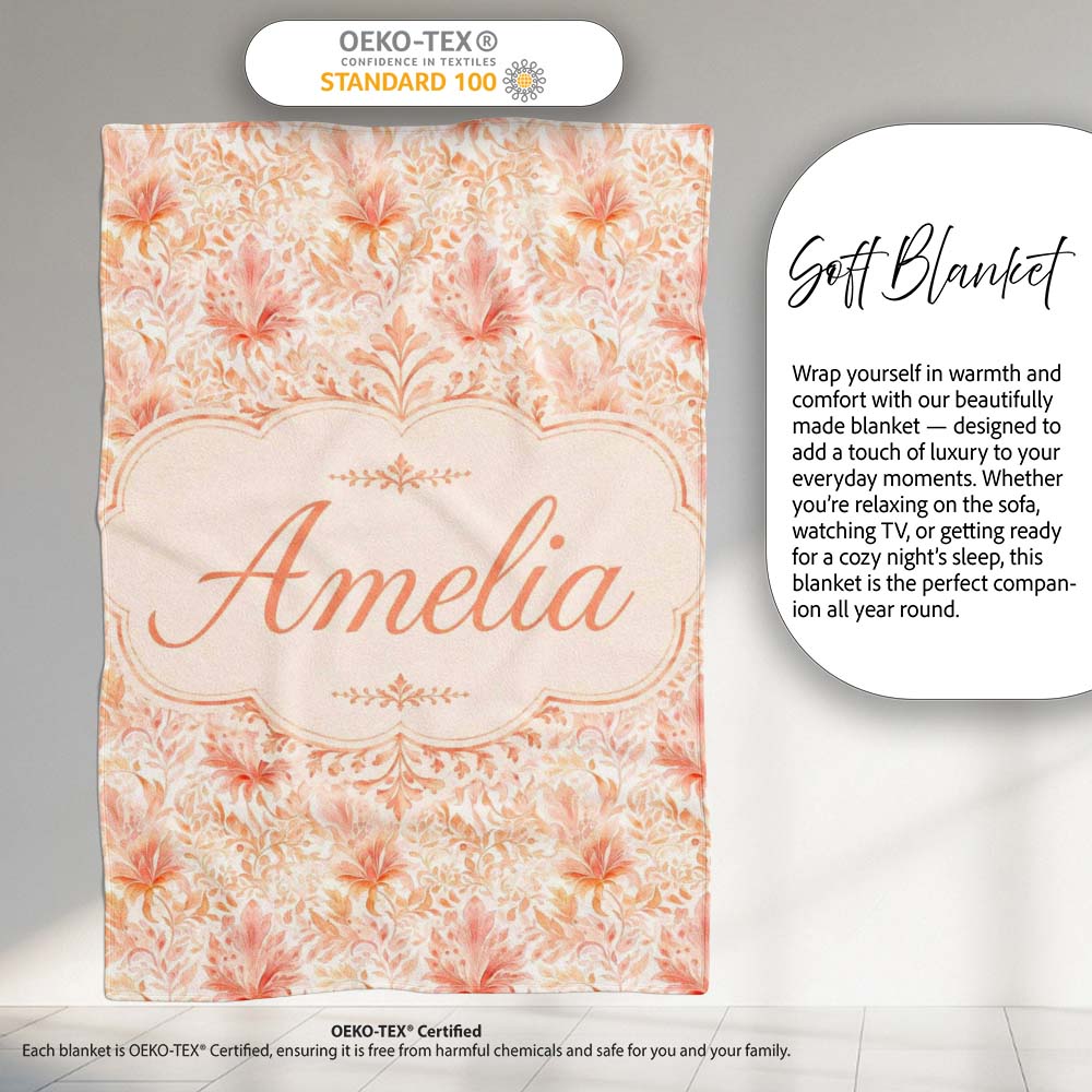 Elegant Floral Botanical with Soft Peach Blossoms and Delicate Personalised Custom Name Super Soft Fleece Blanket Bed Sofa Throw