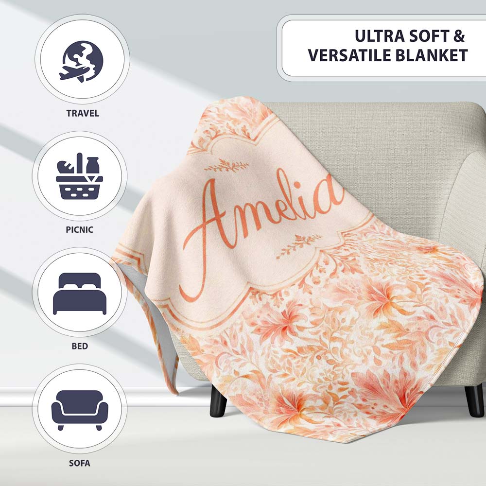 Elegant Floral Botanical with Soft Peach Blossoms and Delicate Personalised Custom Name Super Soft Fleece Blanket Bed Sofa Throw