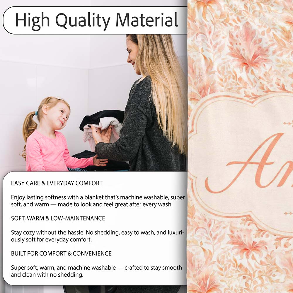 Elegant Floral Botanical with Soft Peach Blossoms and Delicate Personalised Custom Name Super Soft Fleece Blanket Bed Sofa Throw