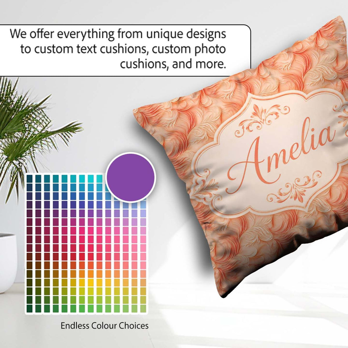 Custom Name Abstract Feather Swirl in Soft Coral Flowing Texture Square Filled Cushion Throw Pillow Sofa Bed Home Decor Zip Washable UK Made