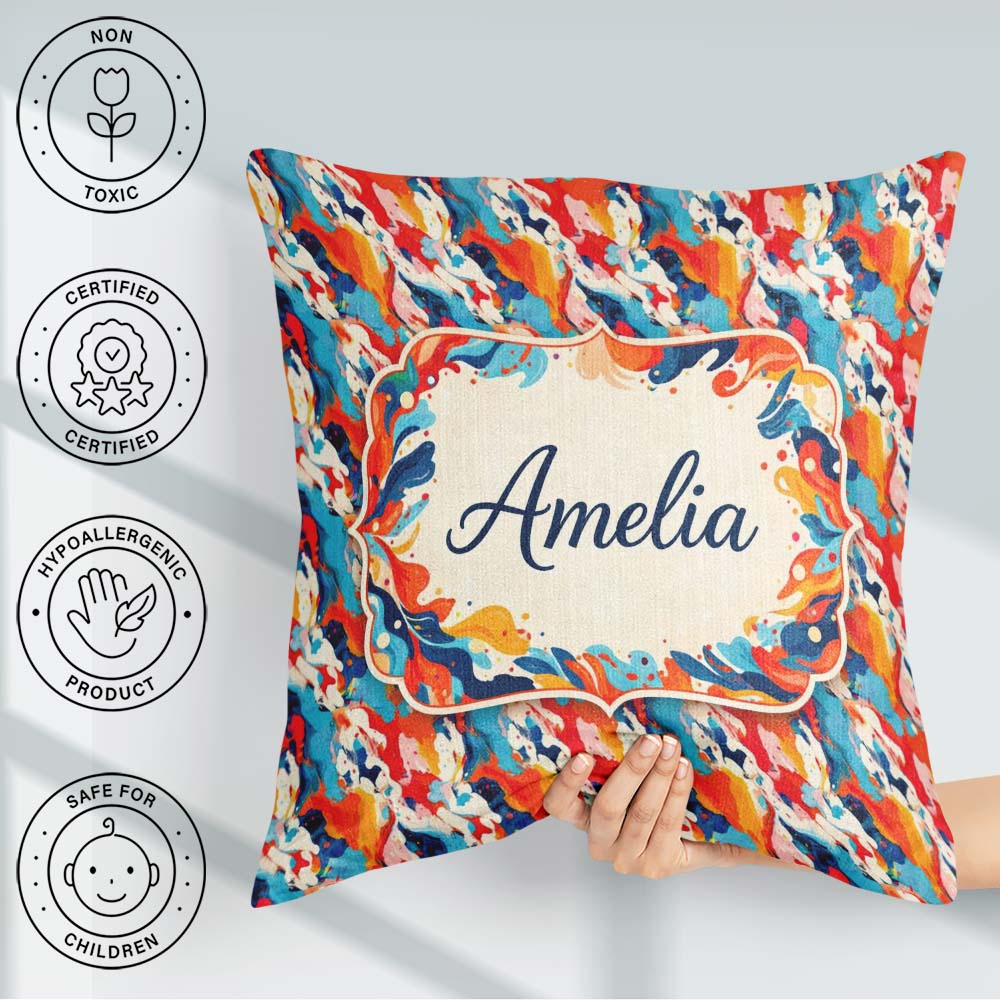 Custom Name Bold Brush Stroke Abstract Red Blue White Pattern Square Filled Cushion Throw Pillow Sofa Bed Home Decor Zip Washable UK Made