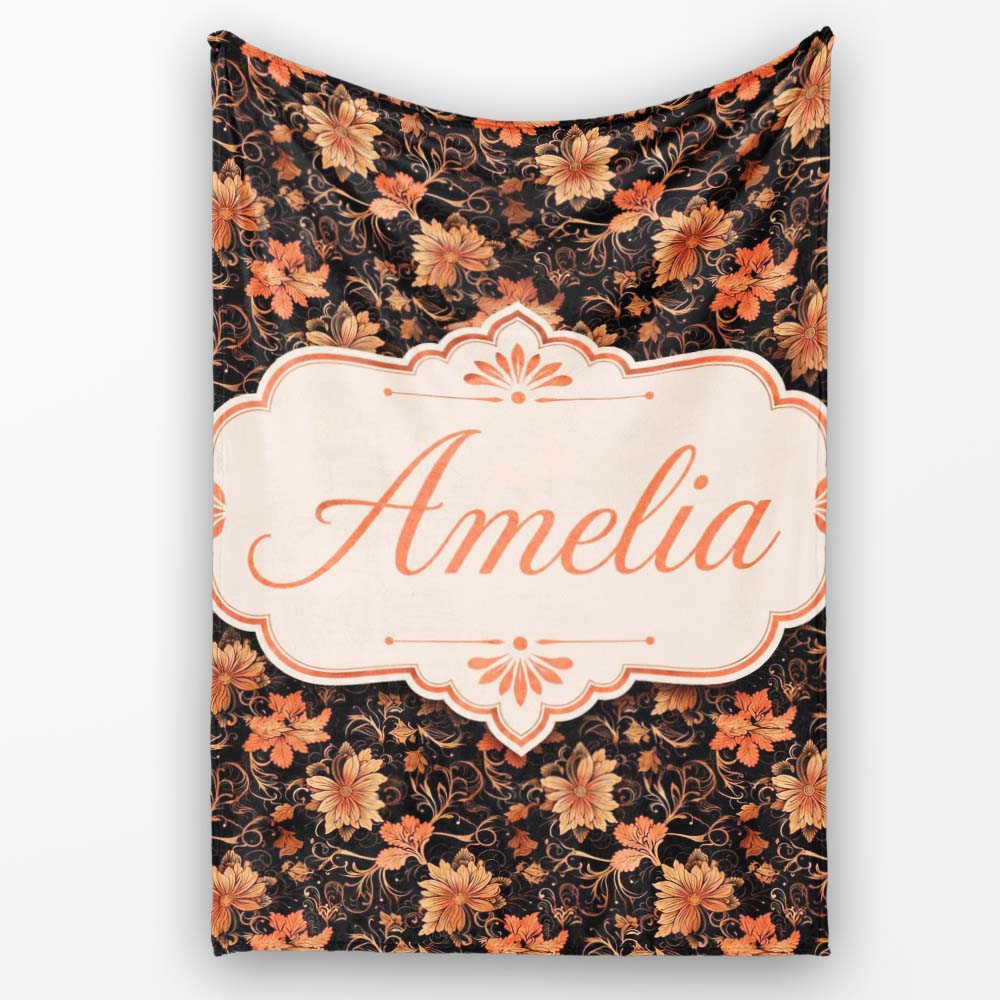 Vintage Floral Vine in Warm Peach and Black Elegant Botanical Design Personalised Custom Name Super Soft Fleece Blanket Bed Sofa Throw