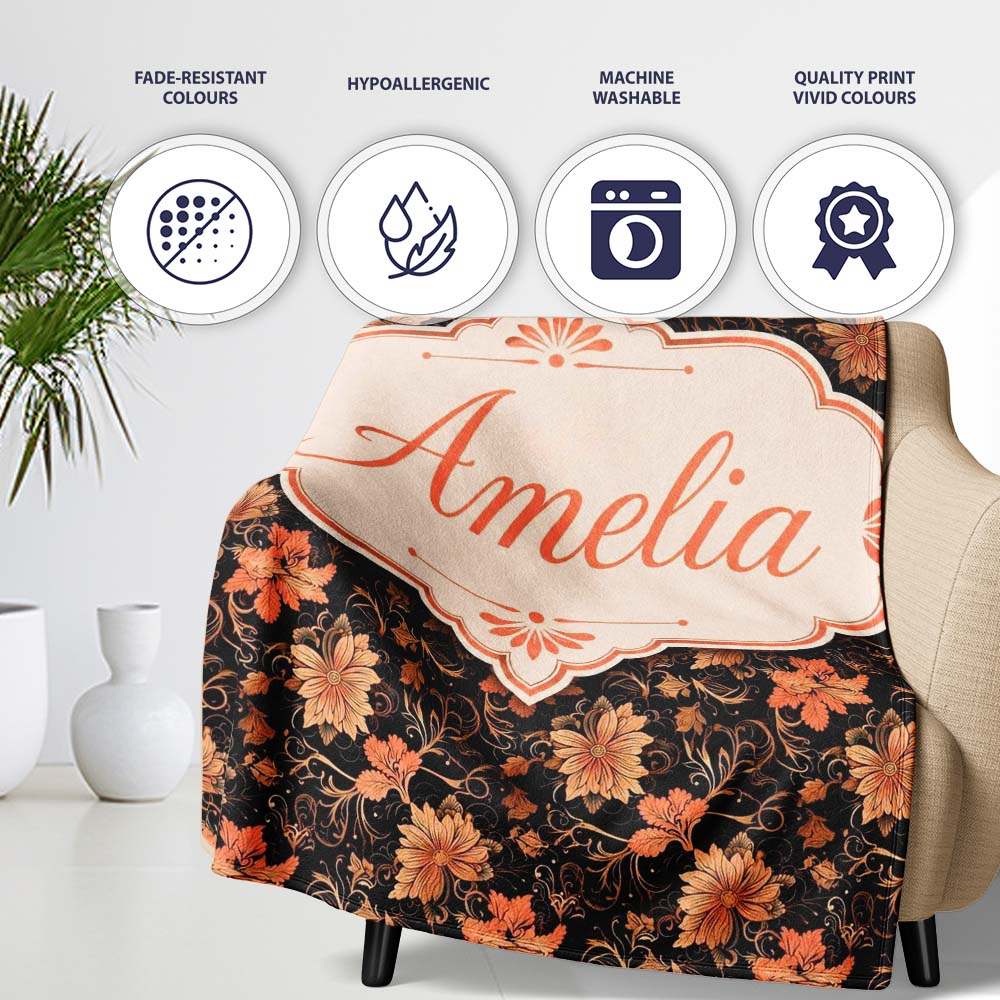 Vintage Floral Vine in Warm Peach and Black Elegant Botanical Design Personalised Custom Name Super Soft Fleece Blanket Bed Sofa Throw