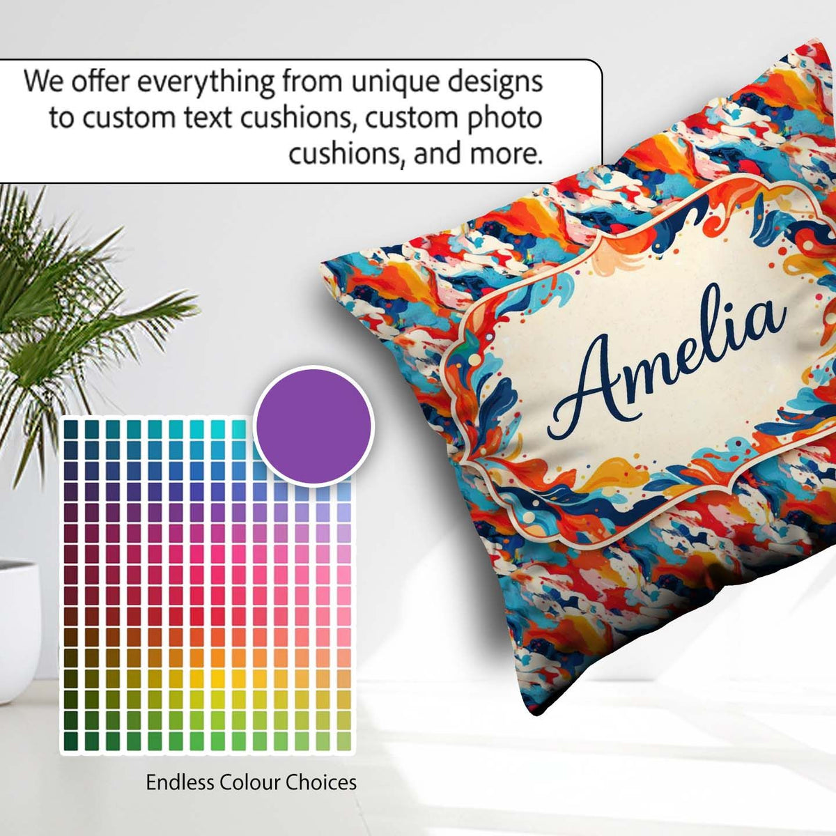 Custom Name Bold Brush Stroke Abstract Red Blue White Pattern Square Filled Cushion Throw Pillow Sofa Bed Home Decor Zip Washable UK Made