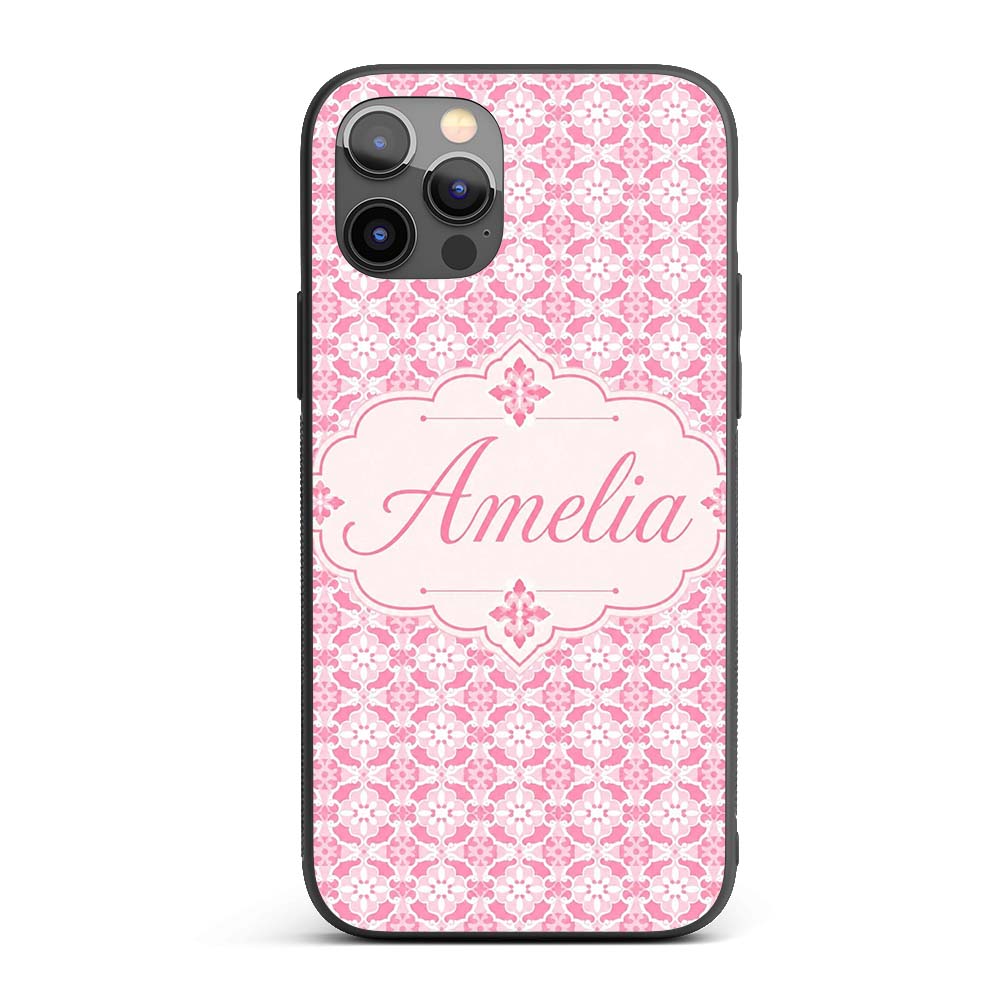 Geometric Floral Tile in Soft Pink and White Custom Name Protective Phone Case Mobile Cover Durable Everyday Smartphone Shock Resistant