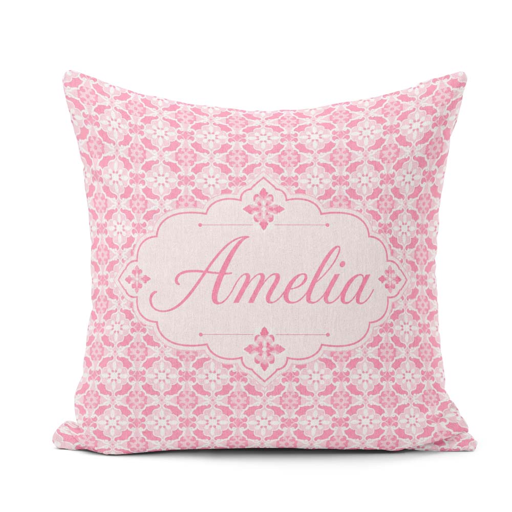 Custom Name Geometric Floral Tile in Soft Pink and White Design Square Filled Cushion Throw Pillow Sofa Bed Home Decor Zip Washable UK Made