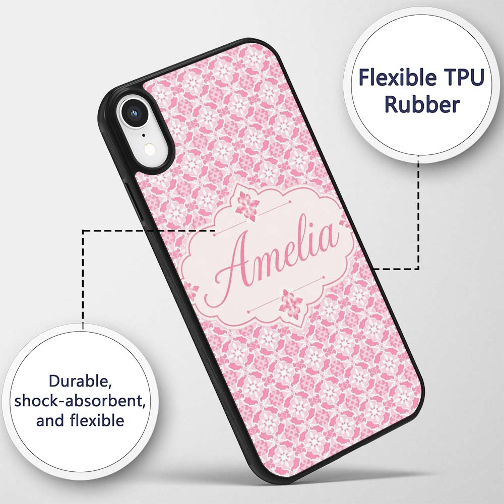 Geometric Floral Tile in Soft Pink and White Custom Name Protective Phone Case Mobile Cover Durable Everyday Smartphone Shock Resistant