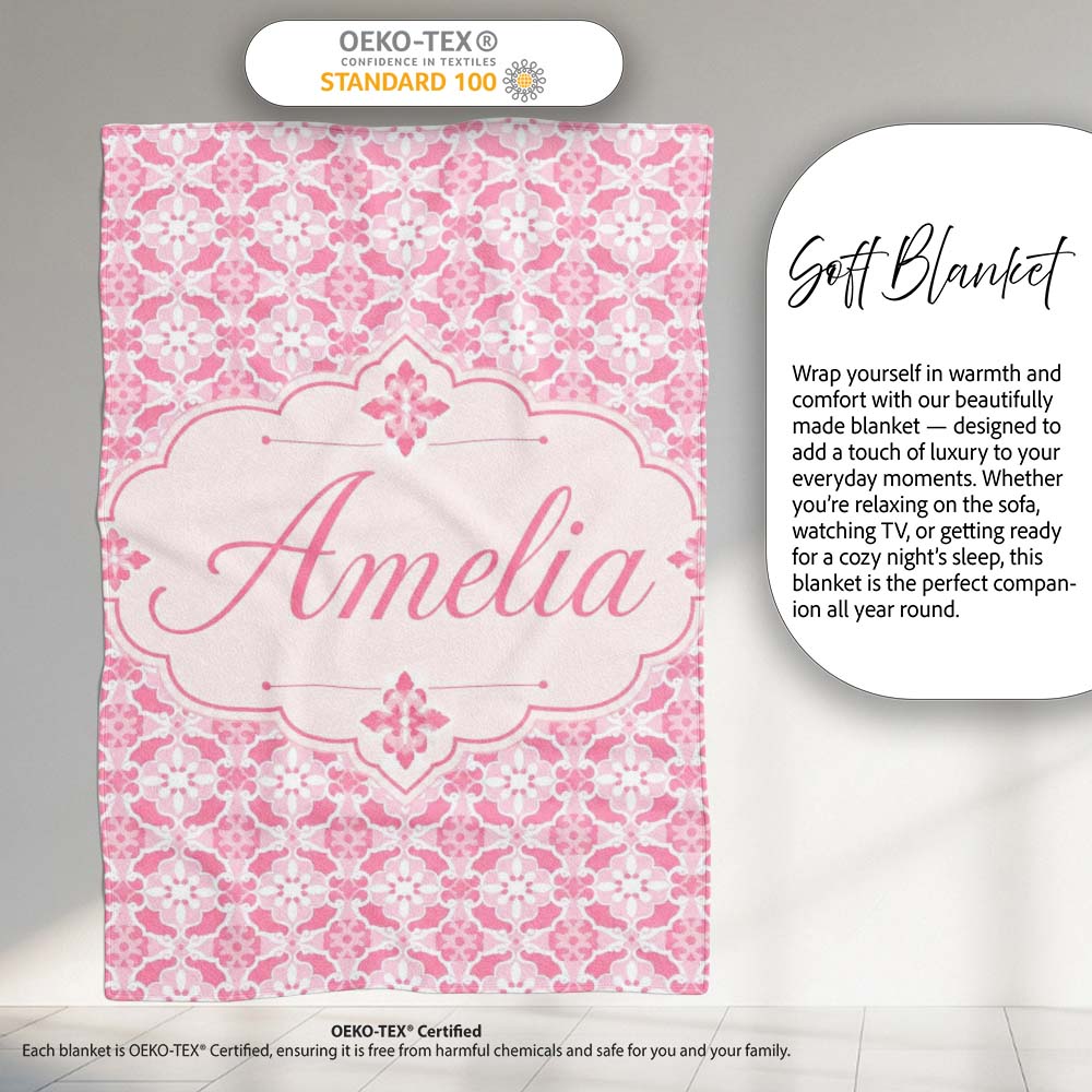 Geometric Floral Tile in Soft Pink and White Symmetrical Design Personalised Custom Name Super Soft Fleece Blanket Bed Sofa Throw