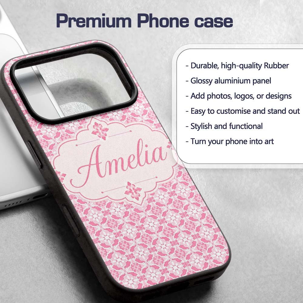 Geometric Floral Tile in Soft Pink and White Custom Name Protective Phone Case Mobile Cover Durable Everyday Smartphone Shock Resistant