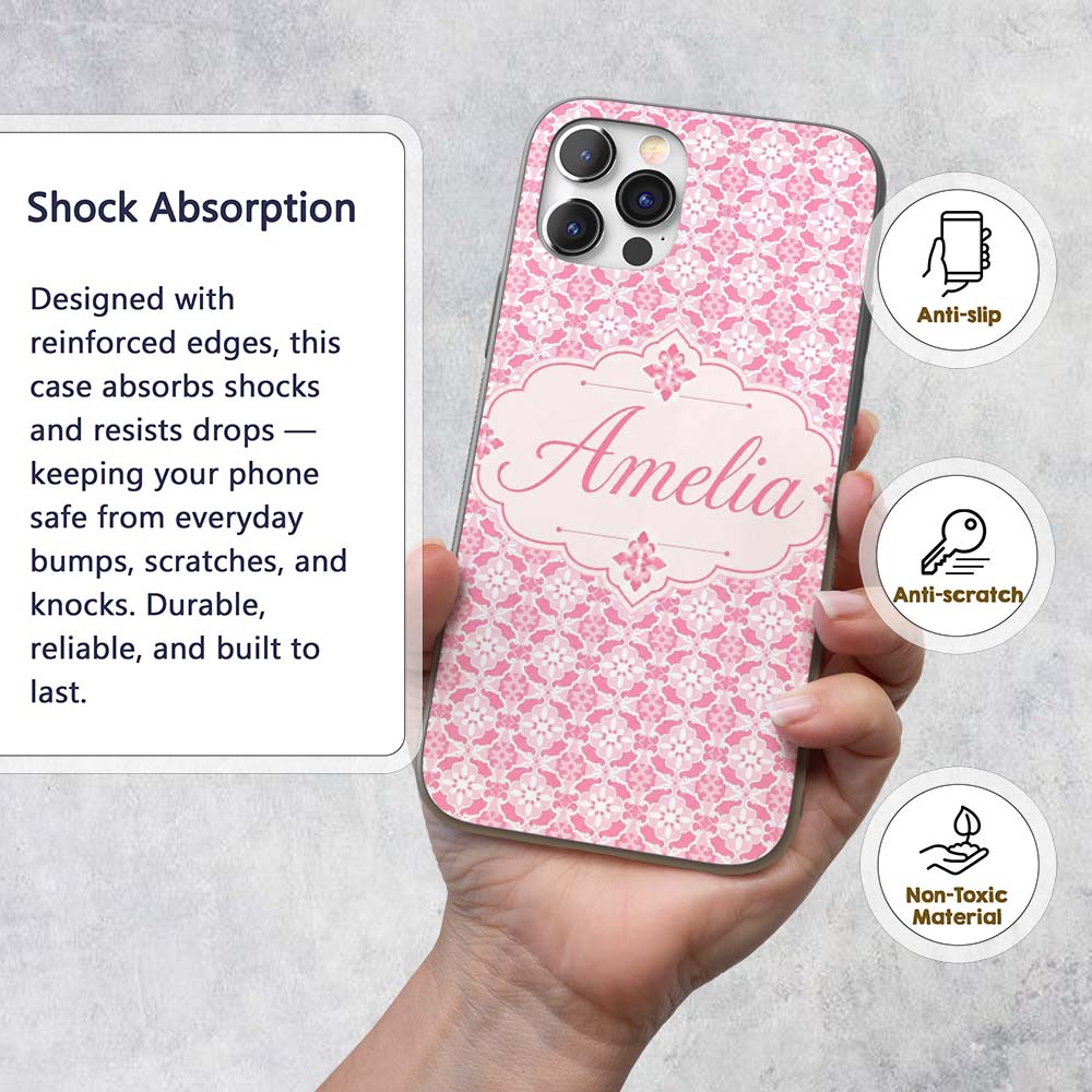 Geometric Floral Tile in Soft Pink and White Custom Name Protective Phone Case Mobile Cover Durable Everyday Smartphone Shock Resistant
