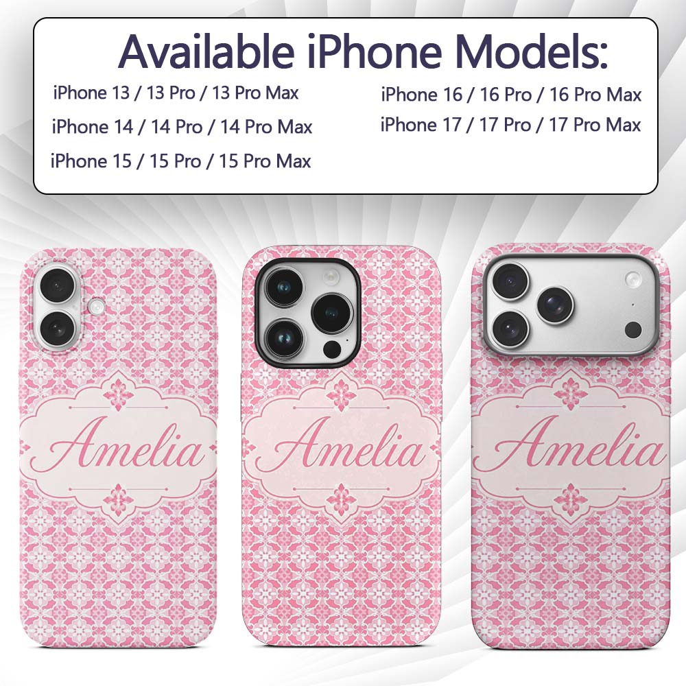 Geometric Floral Tile in Soft Pink and White Custom Name Protective Phone Case Mobile Cover Durable Everyday Smartphone Shock Resistant