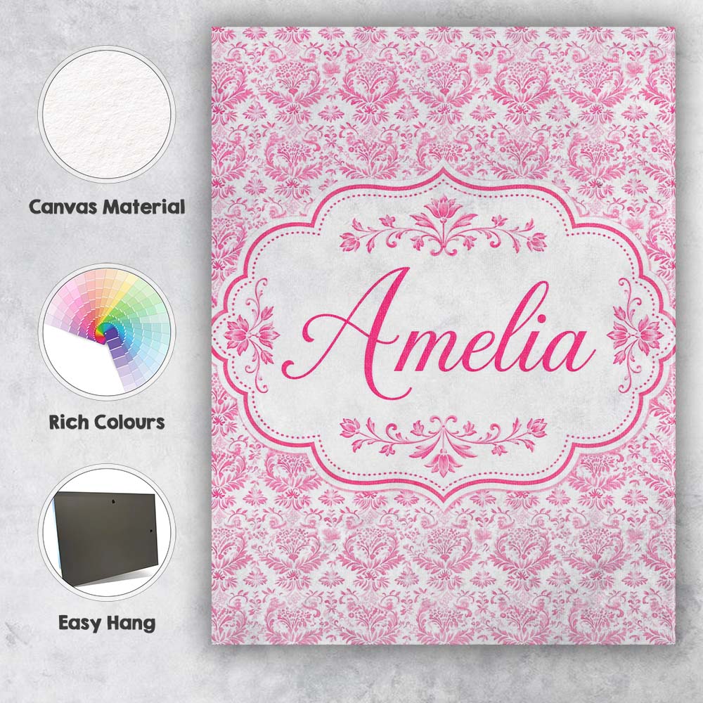 Personalised Name Elegant Pink Damask Custom Modern Room Accent Creative Decorator Style Canvas Wall Art Print Decor Picture Ready to Hang