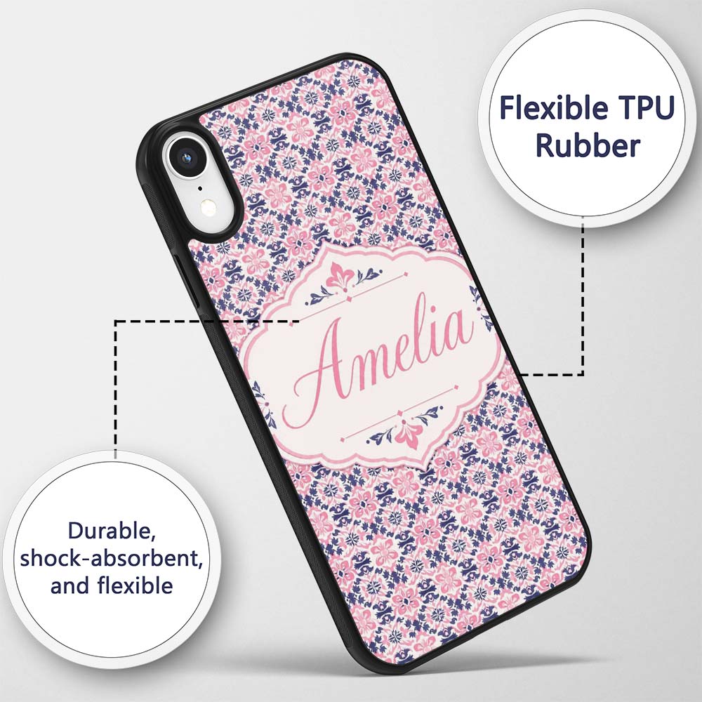 Floral Geometric in Pink and Navy Symmetrical Custom Name Protective Phone Case Mobile Cover Durable Everyday Smartphone Shock Resistant