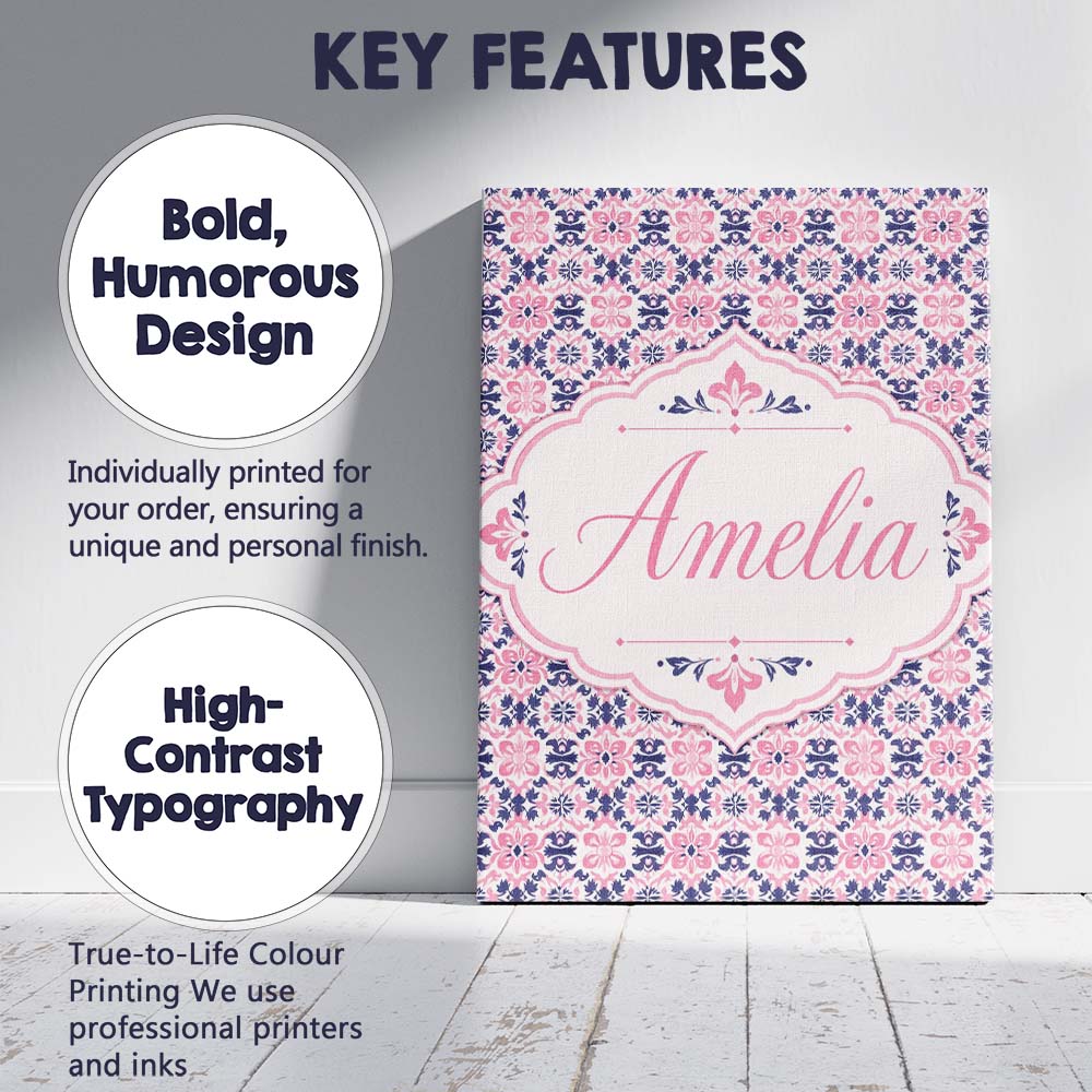 Personalised Name Floral Geometric in Pink Custom Unique Gift Idea Elegant Feature Canvas Wall Art Print Decor Picture Ready to Hang