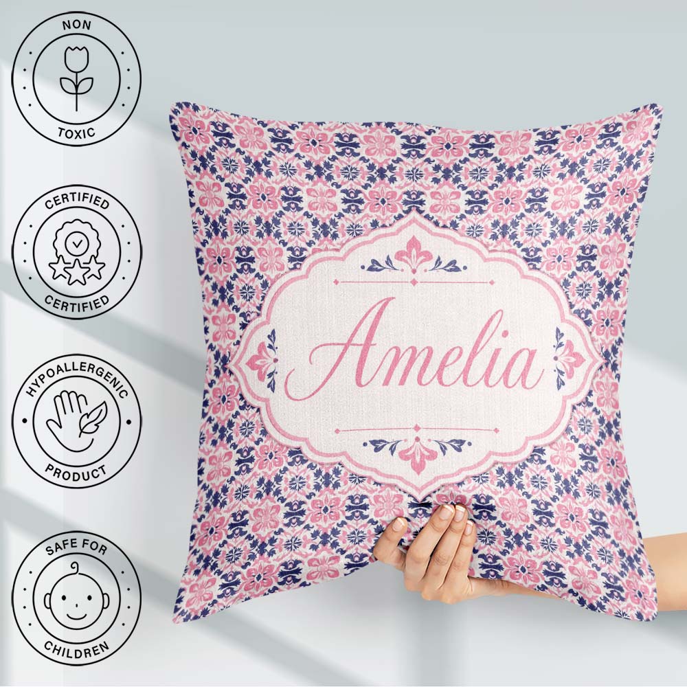 Custom Name Floral Geometric in Pink and Navy Symmetrical Design Square Filled Cushion Throw Pillow Sofa Bed Home Decor Zip Washable UK Made