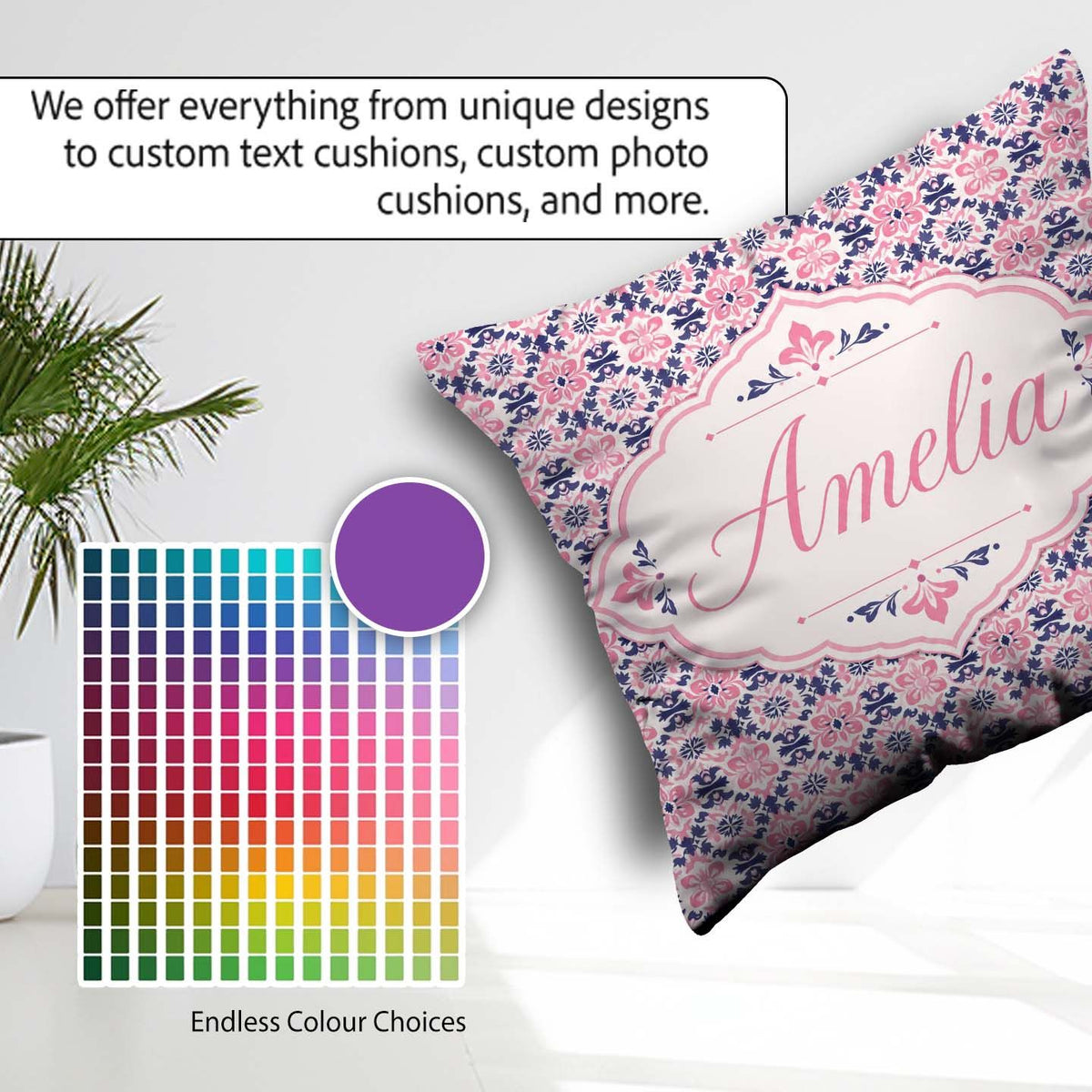 Custom Name Floral Geometric in Pink and Navy Symmetrical Design Square Filled Cushion Throw Pillow Sofa Bed Home Decor Zip Washable UK Made