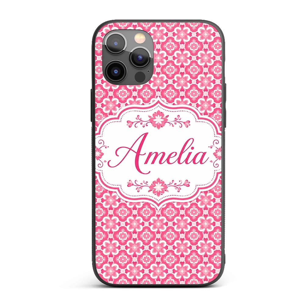 Bold Pink Geometric Tile Pattern with Floral Custom Name Protective Phone Case Mobile Cover Durable Everyday Smartphone Shock Resistant