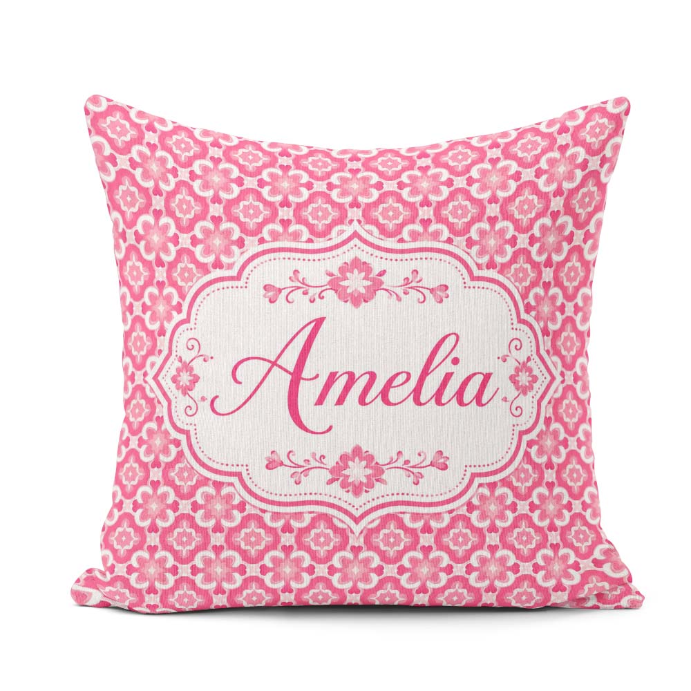 Custom Name Bold Pink Geometric Tile Pattern with Floral Motifs Square Filled Cushion Throw Pillow Sofa Bed Home Decor Zip Washable UK Made