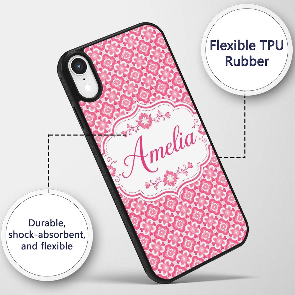 Bold Pink Geometric Tile Pattern with Floral Custom Name Protective Phone Case Mobile Cover Durable Everyday Smartphone Shock Resistant