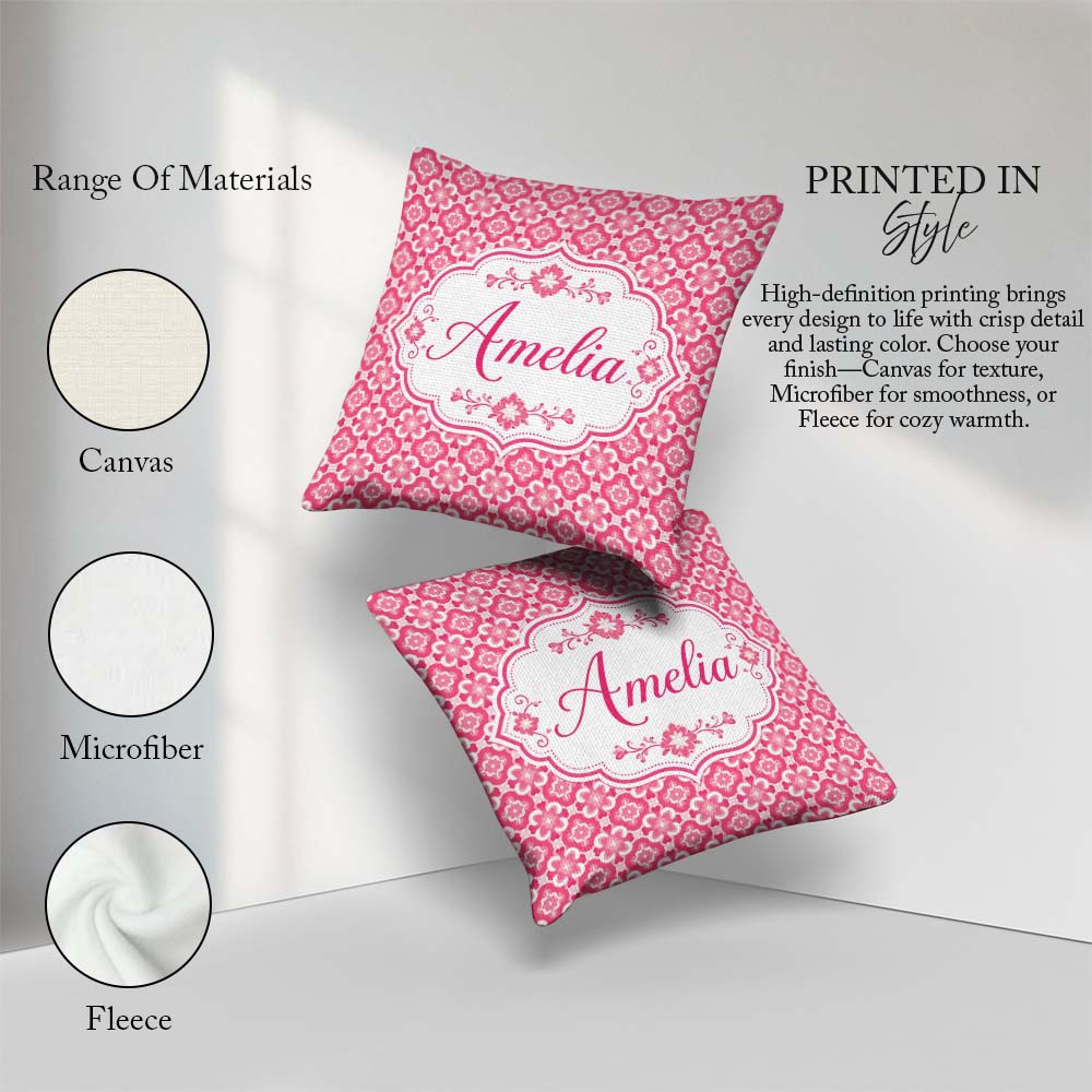 Custom Name Bold Pink Geometric Tile Pattern with Floral Motifs Square Filled Cushion Throw Pillow Sofa Bed Home Decor Zip Washable UK Made