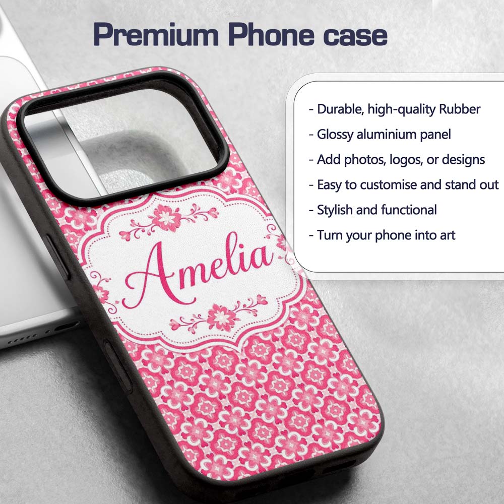 Bold Pink Geometric Tile Pattern with Floral Custom Name Protective Phone Case Mobile Cover Durable Everyday Smartphone Shock Resistant
