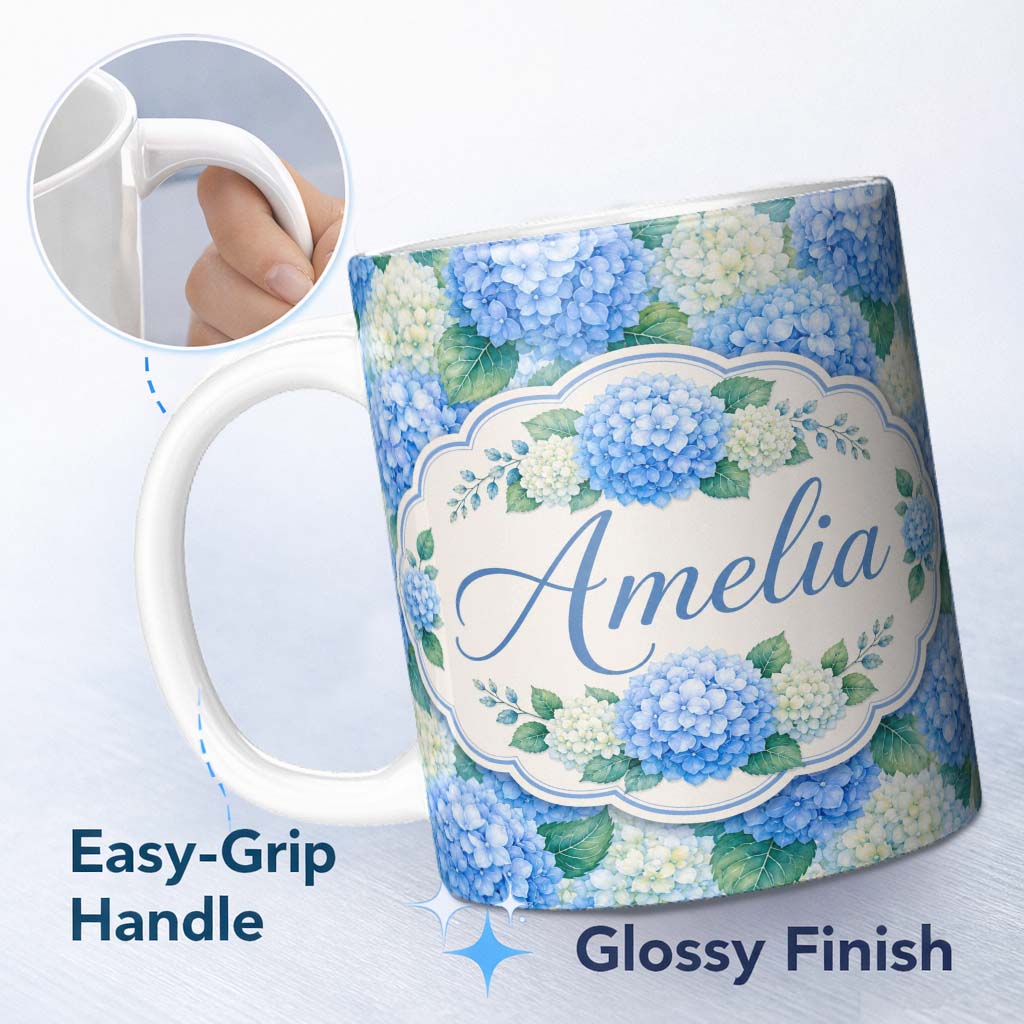 Personalized Custom Name Vibrant Blue Hydrangea Cluster Seamless Pattern Perfect Gift for Her 11oz Ceramic Coffee Tea Mug White Large Handle