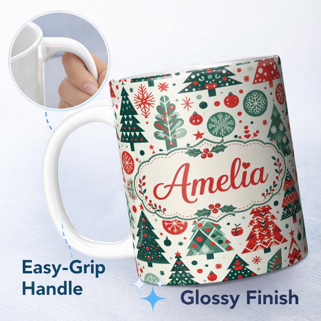 Personalized Custom Name Scandi Christmas Trees Ornaments Red Green Festive Seamless Pattern 11oz Ceramic Coffee Tea Mug White Large Handle