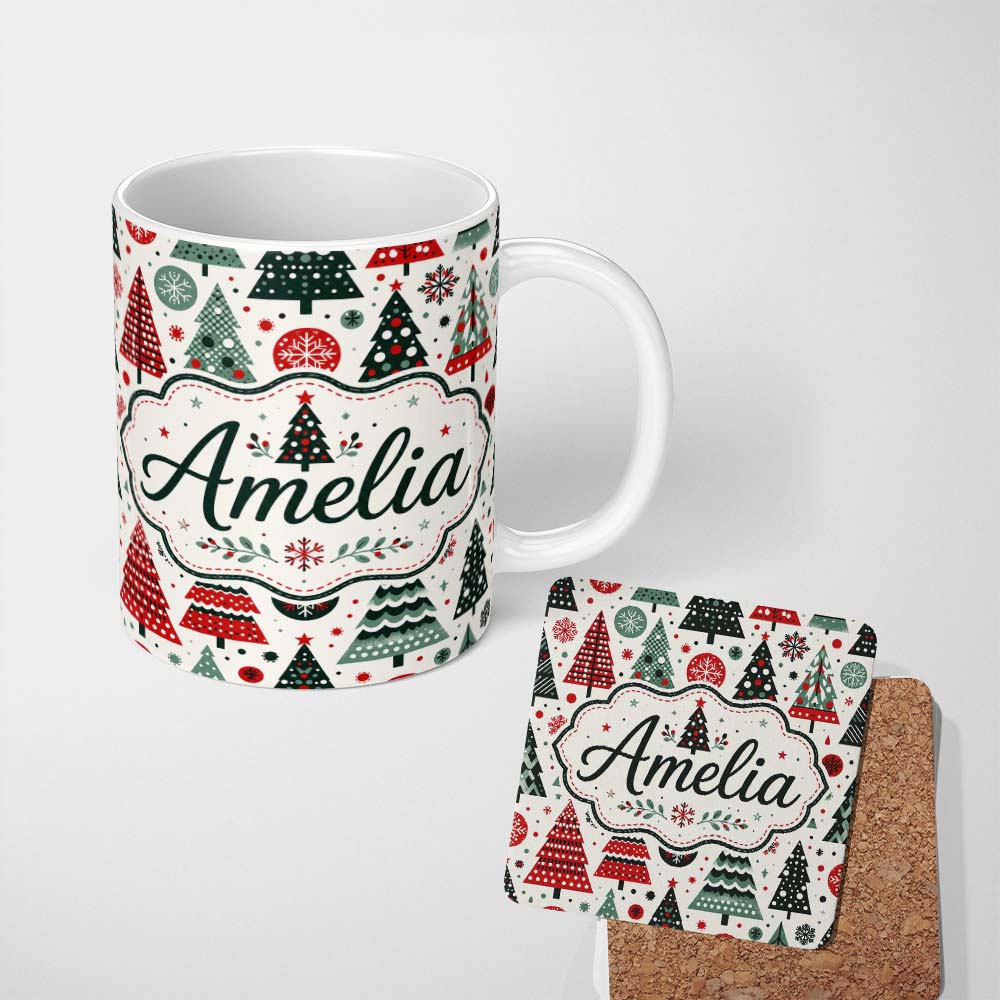 Personalized Custom Name Scandi Christmas Trees Polka Dots Snowflakes Cute Holiday Seamless 11oz Ceramic Coffee Tea Mug White Large Handle