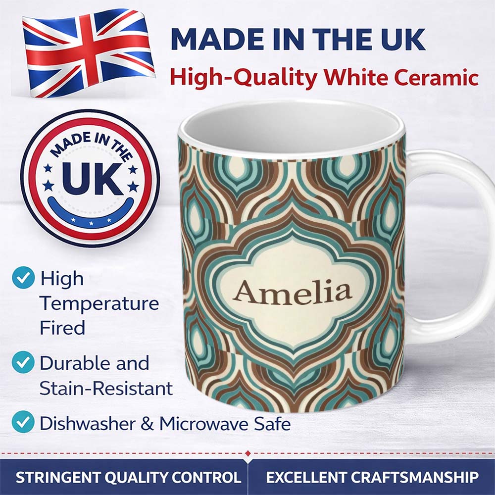 Personalized Custom Name Vintage Teal Brown Geometric Arch Repeat Seamless Pattern Lovely 11oz Ceramic Coffee Tea Mug White Large Handle