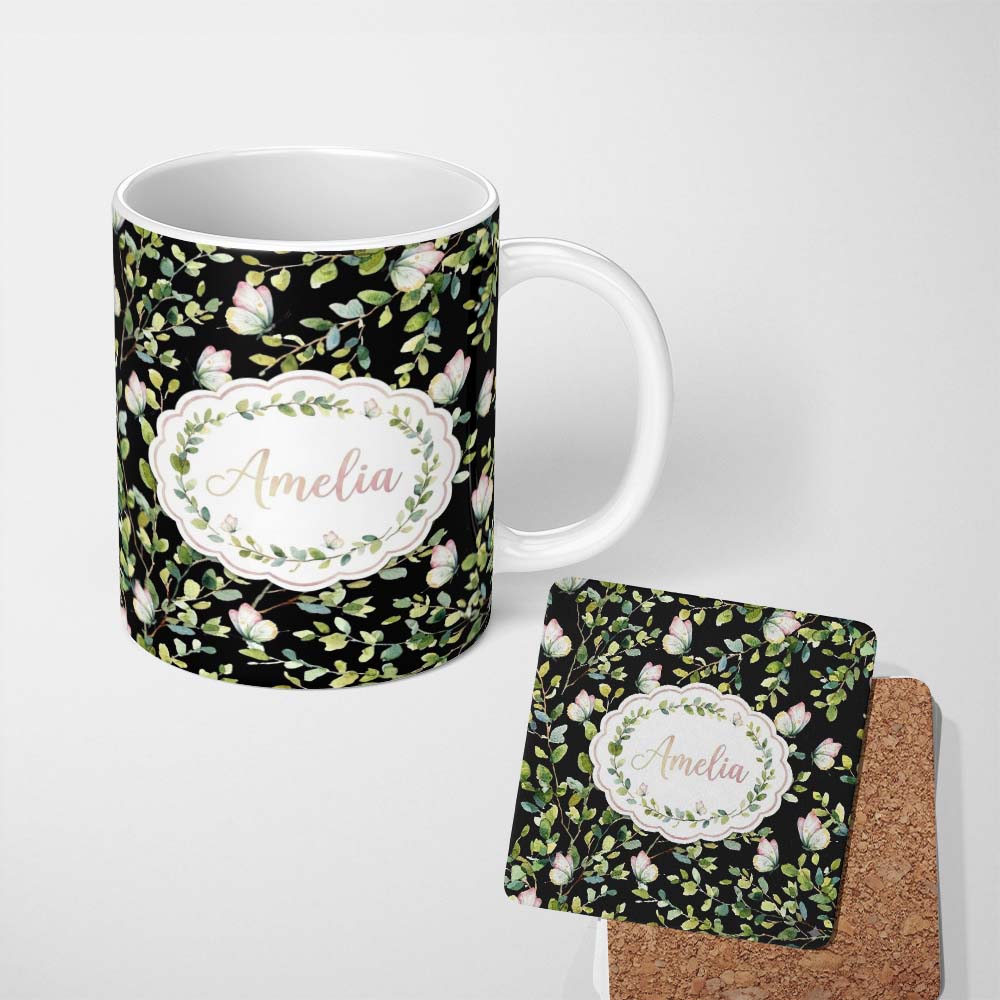 Personalized Custom Name Elegant Gold Butterfly Sparkle Seamless Pattern Thoughtful Gift Idea 11oz Ceramic Coffee Tea Mug White Large Handle