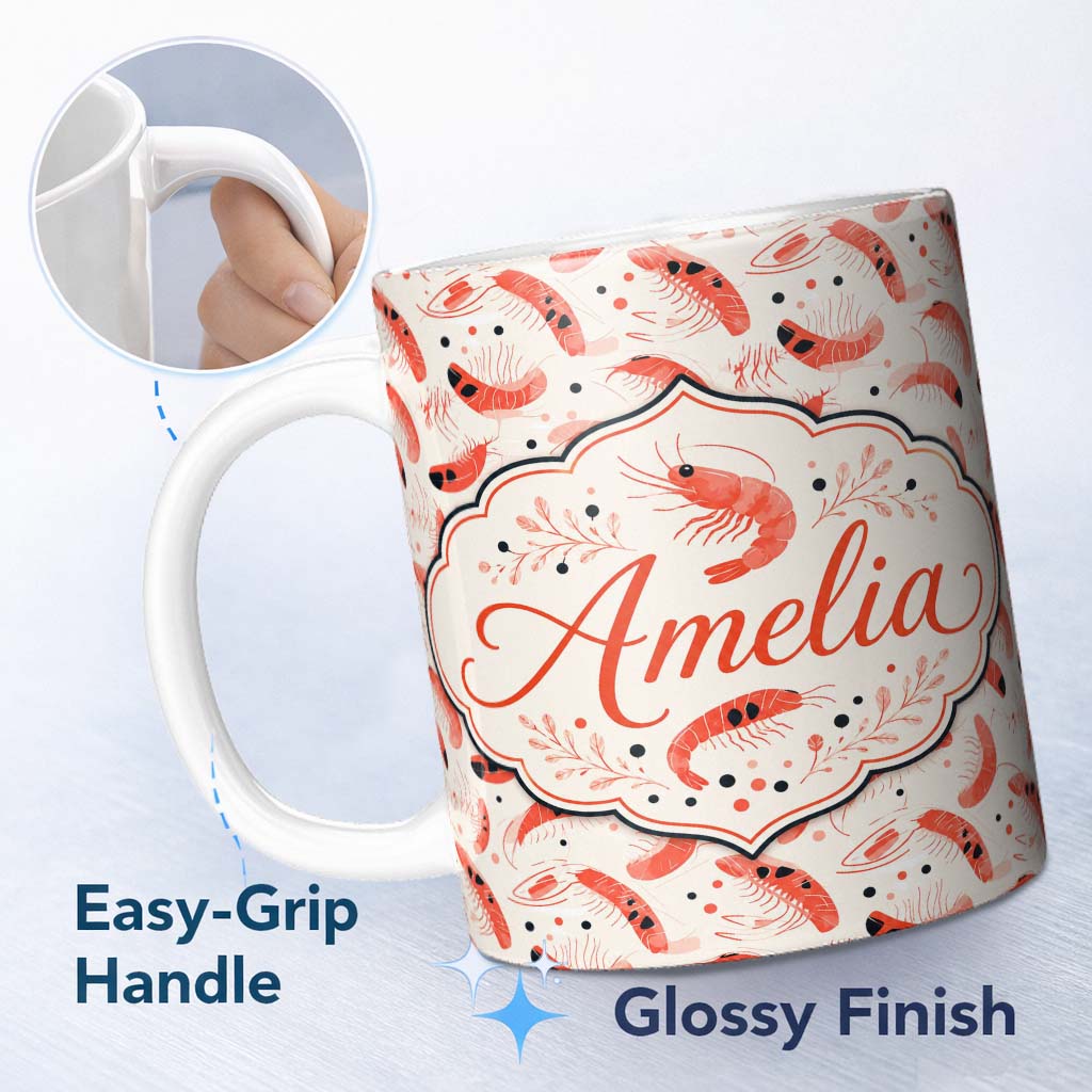 Personalized Custom Name Minimal Coral Shrimp with Abstract Dots Seamless Pattern Lovely 11oz Ceramic Coffee Tea Mug White Large Handle