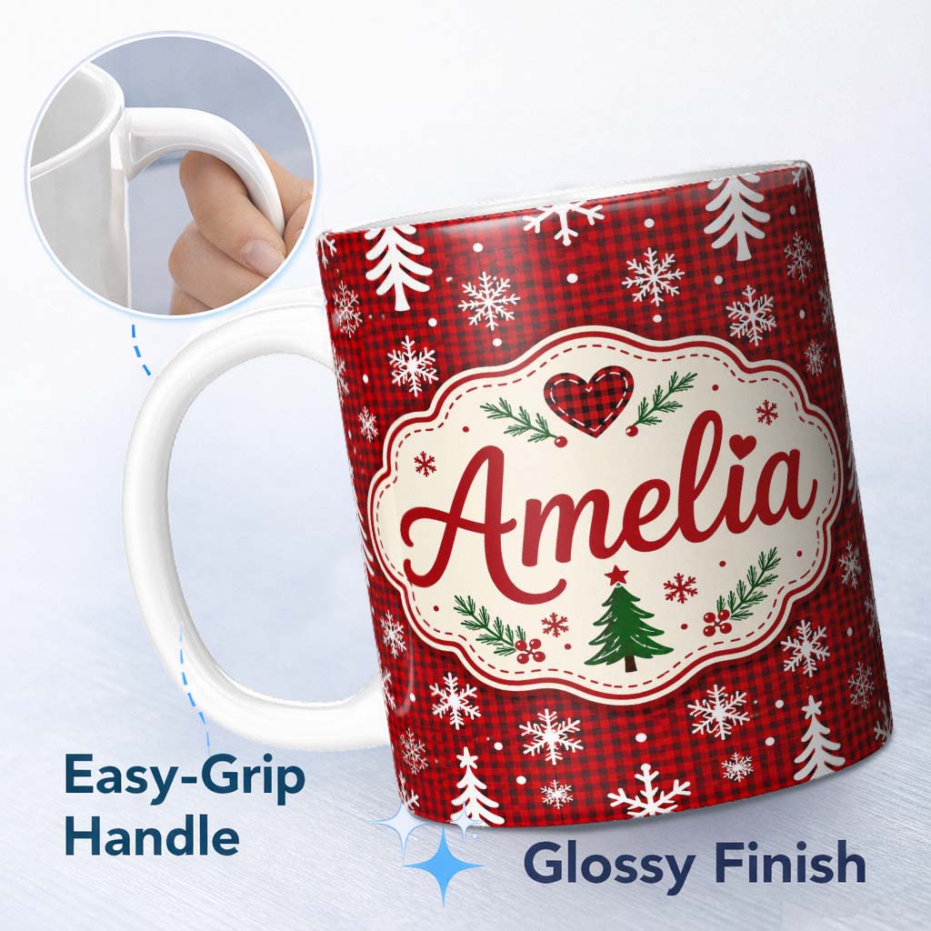 Personalized Custom Name Cute Red Nordic Snowflake Christmas Tree Festive Seamless Pattern 11oz Ceramic Coffee Tea Mug White Large Handle
