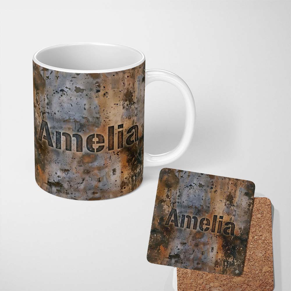 Personalized Custom Name Weathered Metal Rust Texture Seamless Pattern Industrial Grunge 11oz Ceramic Coffee Tea Mug White Large Handle