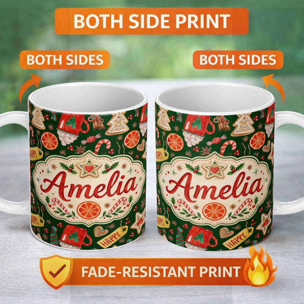 Personalized Custom Name Watercolor Christmas Mug Cookies Candy Orange Festive Seamless 11oz Ceramic Coffee Tea Mug White Large Handle