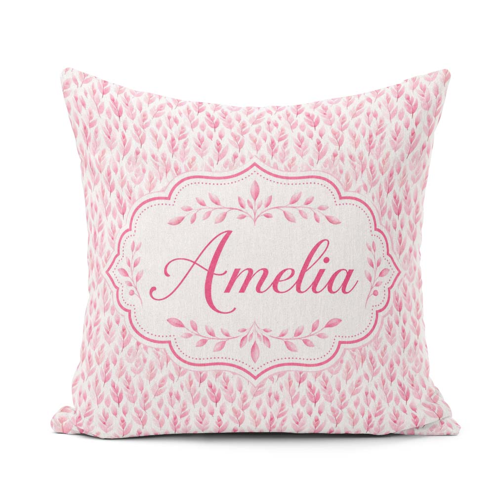 Custom Name Soft Pink Watercolor Leaf Delicate Botanical Design Square Filled Cushion Throw Pillow Sofa Bed Home Decor Zip Washable UK Made