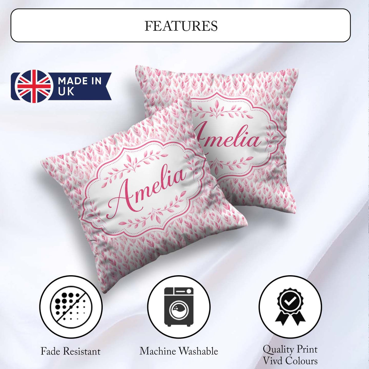 Custom Name Soft Pink Watercolor Leaf Delicate Botanical Design Square Filled Cushion Throw Pillow Sofa Bed Home Decor Zip Washable UK Made