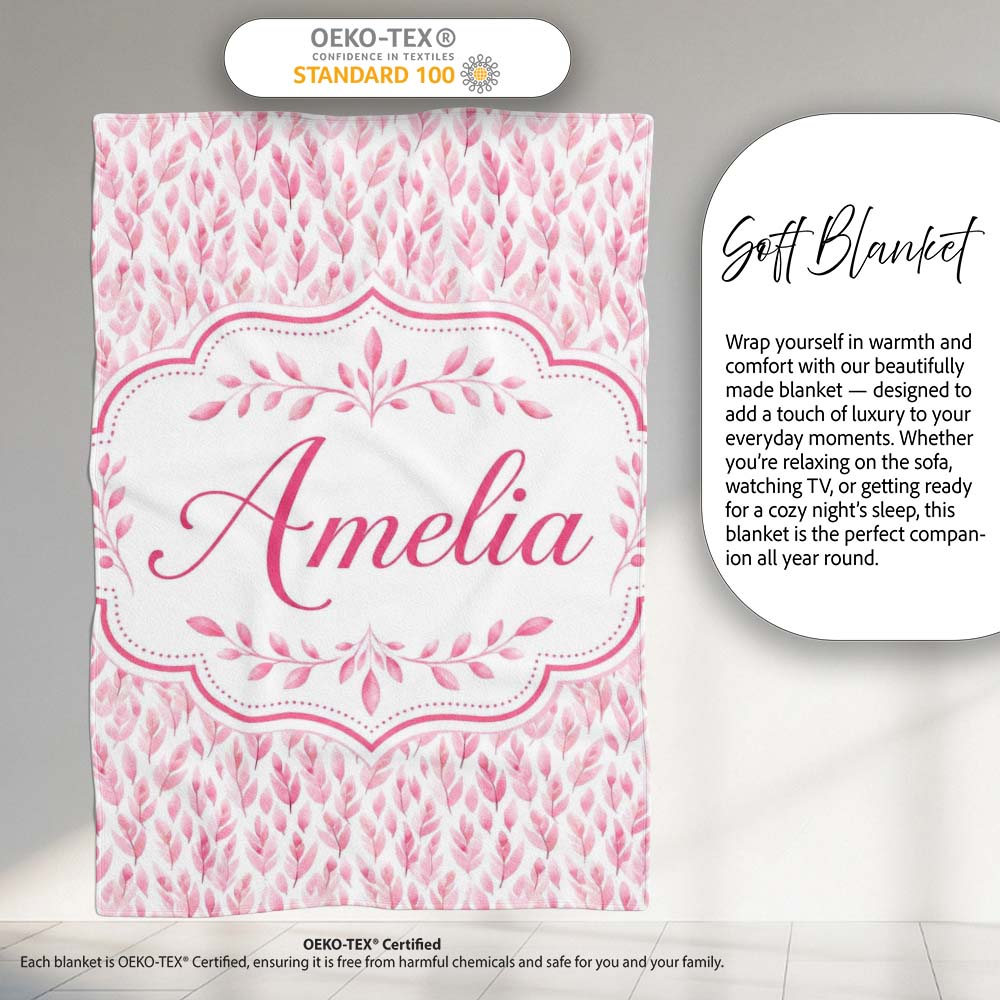 Soft Pink Watercolor Leaf with Delicate Botanical Elements Design Personalised Custom Name Super Soft Fleece Blanket Bed Sofa Throw