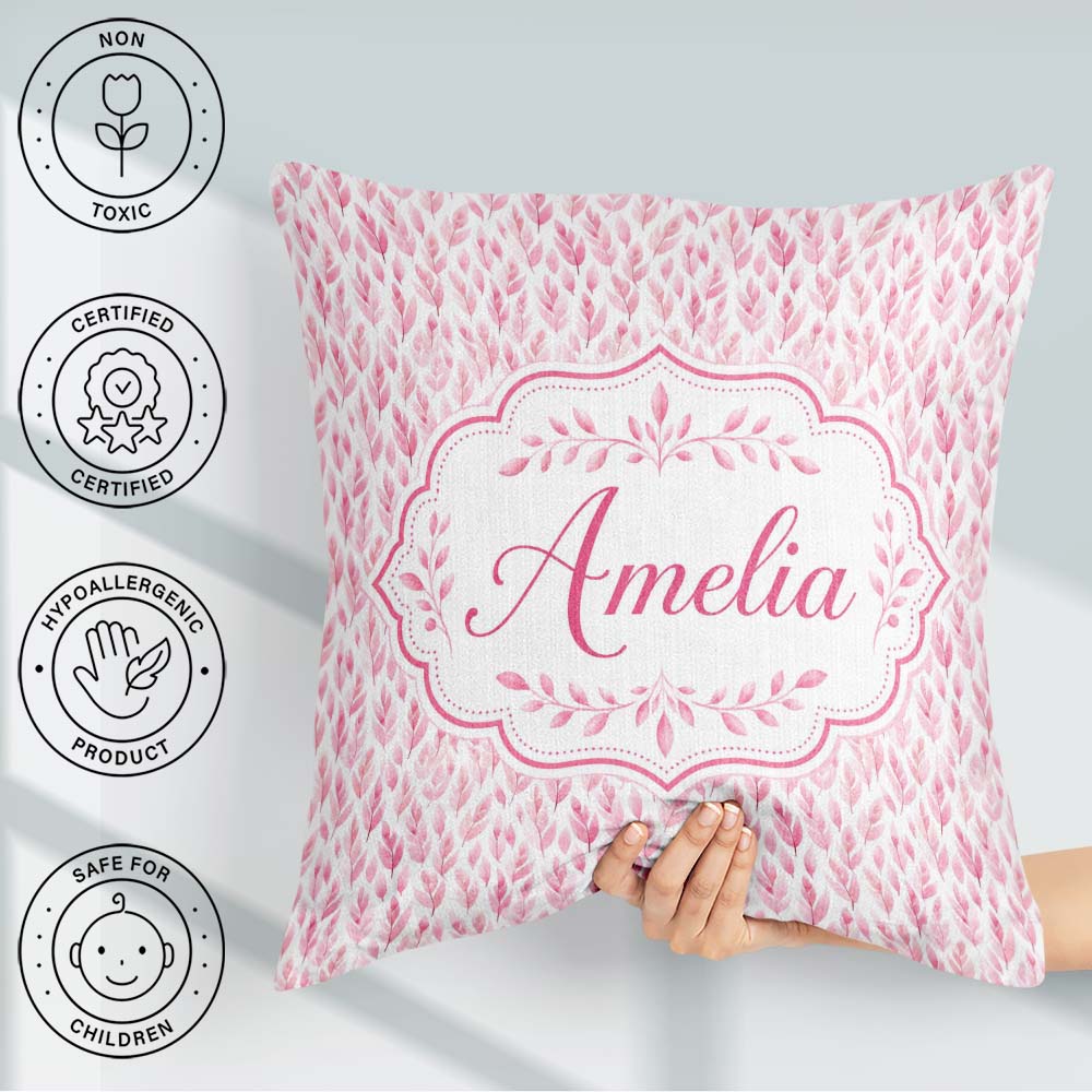 Custom Name Soft Pink Watercolor Leaf Delicate Botanical Design Square Filled Cushion Throw Pillow Sofa Bed Home Decor Zip Washable UK Made