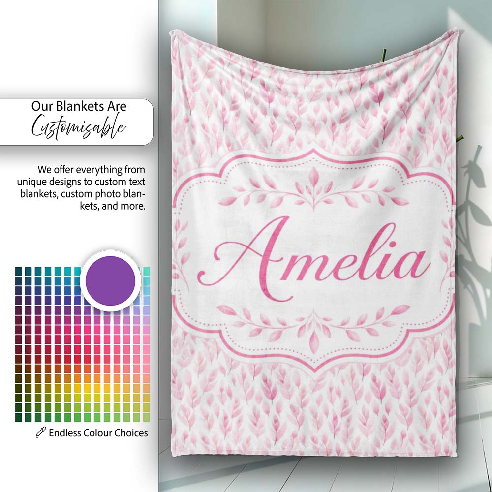 Soft Pink Watercolor Leaf with Delicate Botanical Elements Design Personalised Custom Name Super Soft Fleece Blanket Bed Sofa Throw